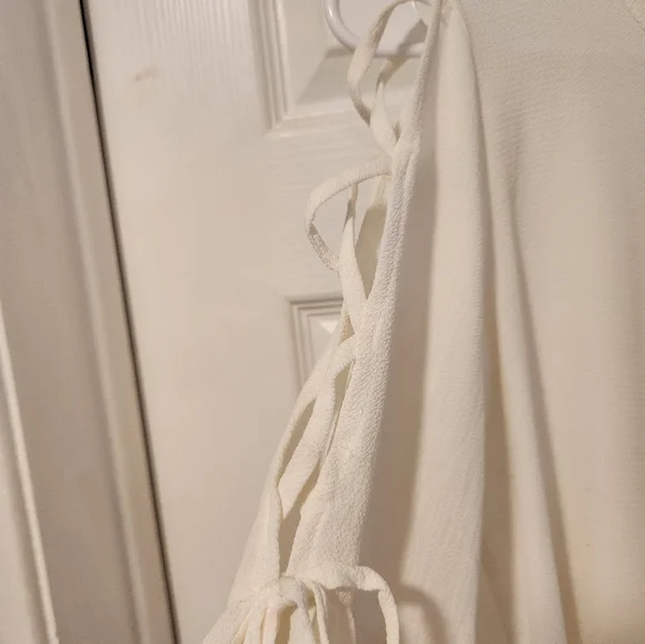 C Cream Blouse Womens Small Lace Up Sleeve Ruffle Cuff Textured Top - Picture 2 of 6